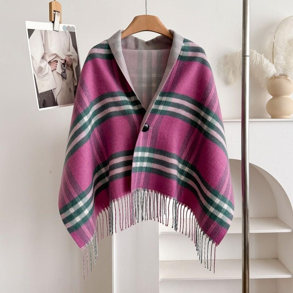 Faux Wool Double‑Sided Plaid Poncho Shawl Thick Knit Checkered Fringe Cape Blanket Shawl Winter