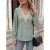 Fall Winter New Solid Color V-Neck Lace Splicing Loose Long Sleeve T-Shirt Top for Amazon EU US Cross-border Trade