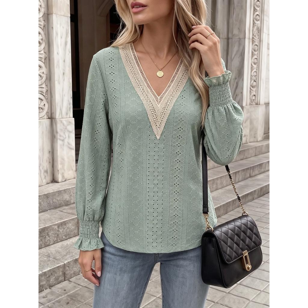 Fall Winter New Solid Color V-Neck Lace Splicing Loose Long Sleeve T-Shirt Top for Amazon EU US Cross-border Trade