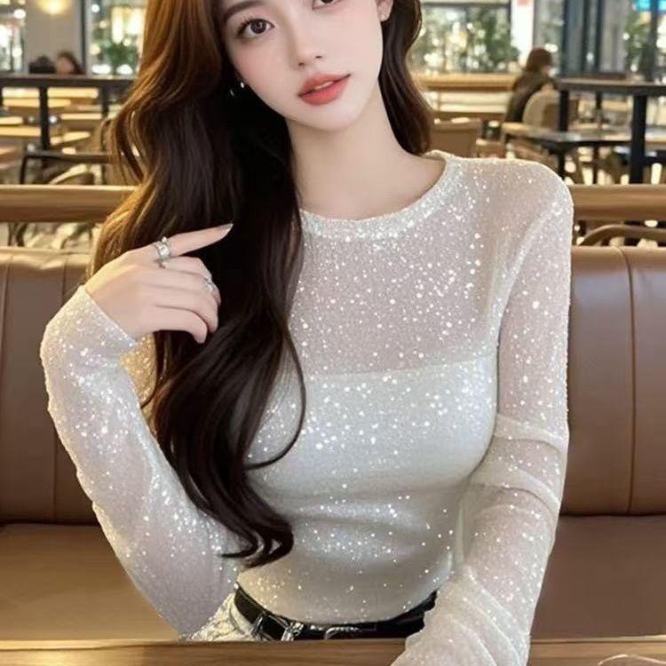 

Кружевной Прозрачный Стильный Базовый Слой С Круглым Вырезом Длинный Рукав Прозрачная Премиальная Сетка Приталенный Топ XL