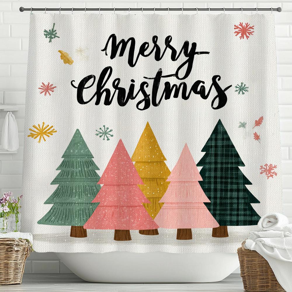 Merry Christmas Cartoon Shower Curtain, Bathroom Decorative Shower Curtain, Printed Christmas Tree Shower Curtain with Hooks