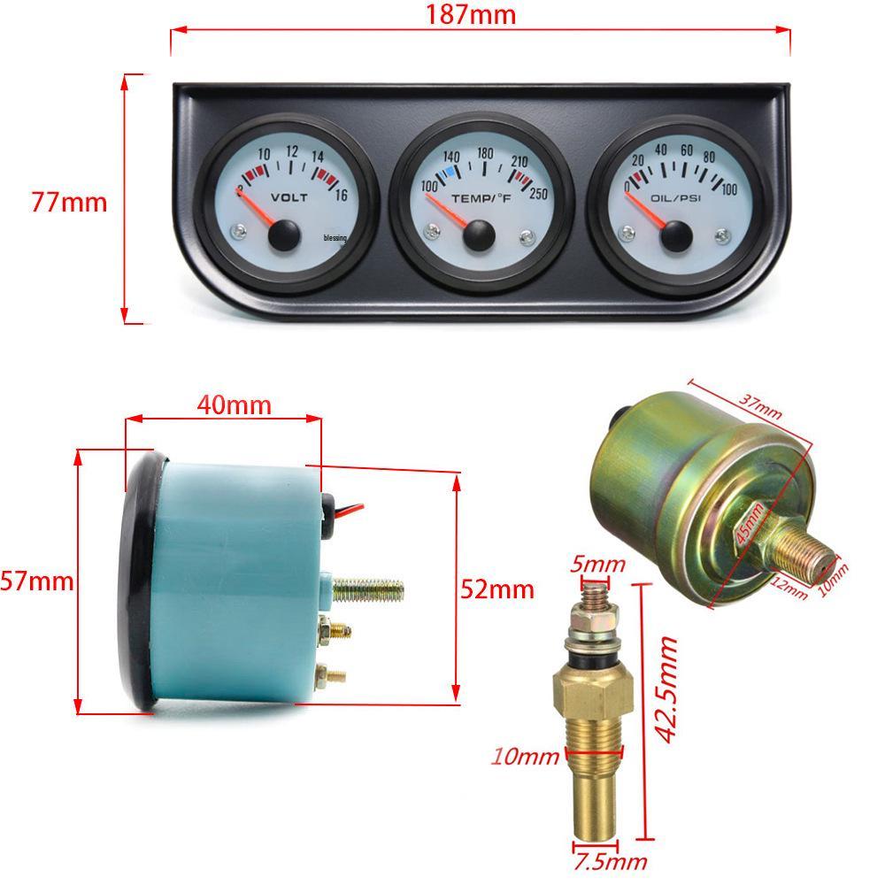 Black Triple Gauge: Water Temp (°F), Oil Pressure (psi), Voltmeter for Car Instrument Modification