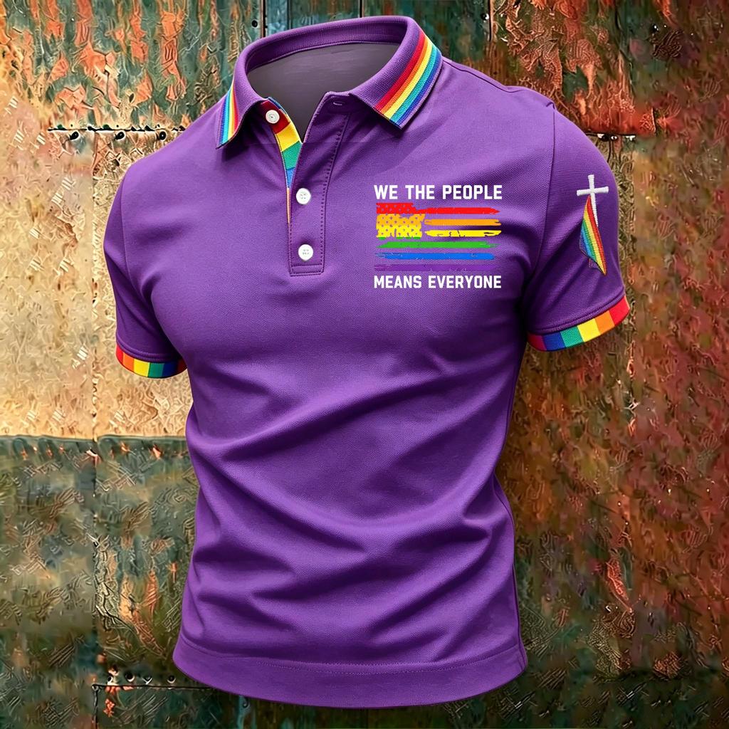 Men's Casual Polo Shirt Short Sleeve Gradient Print Classic Fit Button Down Collar Soft Breathable Fabric Top