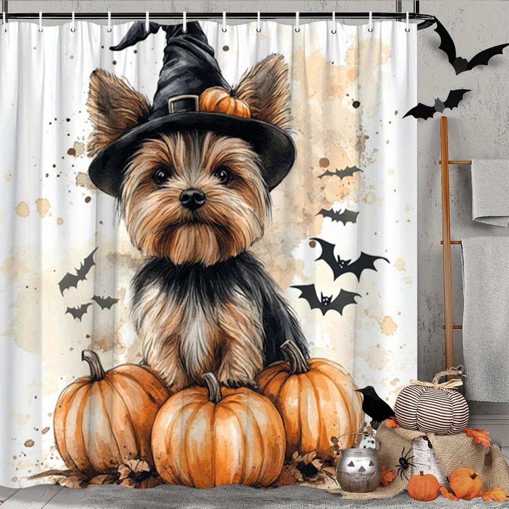 1pc Halloween Cute Dog Shower Curtain Polyester Fabric Bathroom Decor Hanging Bath Curtain Set with 12 Hooks 70.8x70.8 Inch Feat