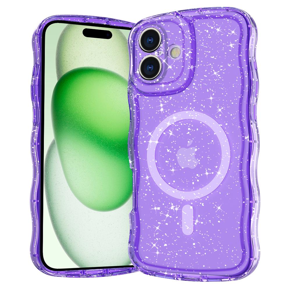 For iPhone 16 Magnetic Case Wave Edge Glitter TPU Phone Back Cover