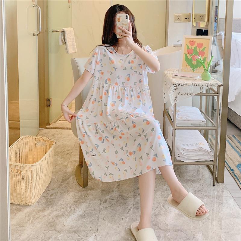 Cotton and silk nightgown women's summer thin short-sleeved cartoon printed pajamas can be worn outside long large size loose knee pajamas