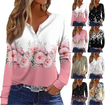 Women's T Shirt Tee Button Long Sleeve Daily Weekend Fashion Basic V- Neck Regular Top