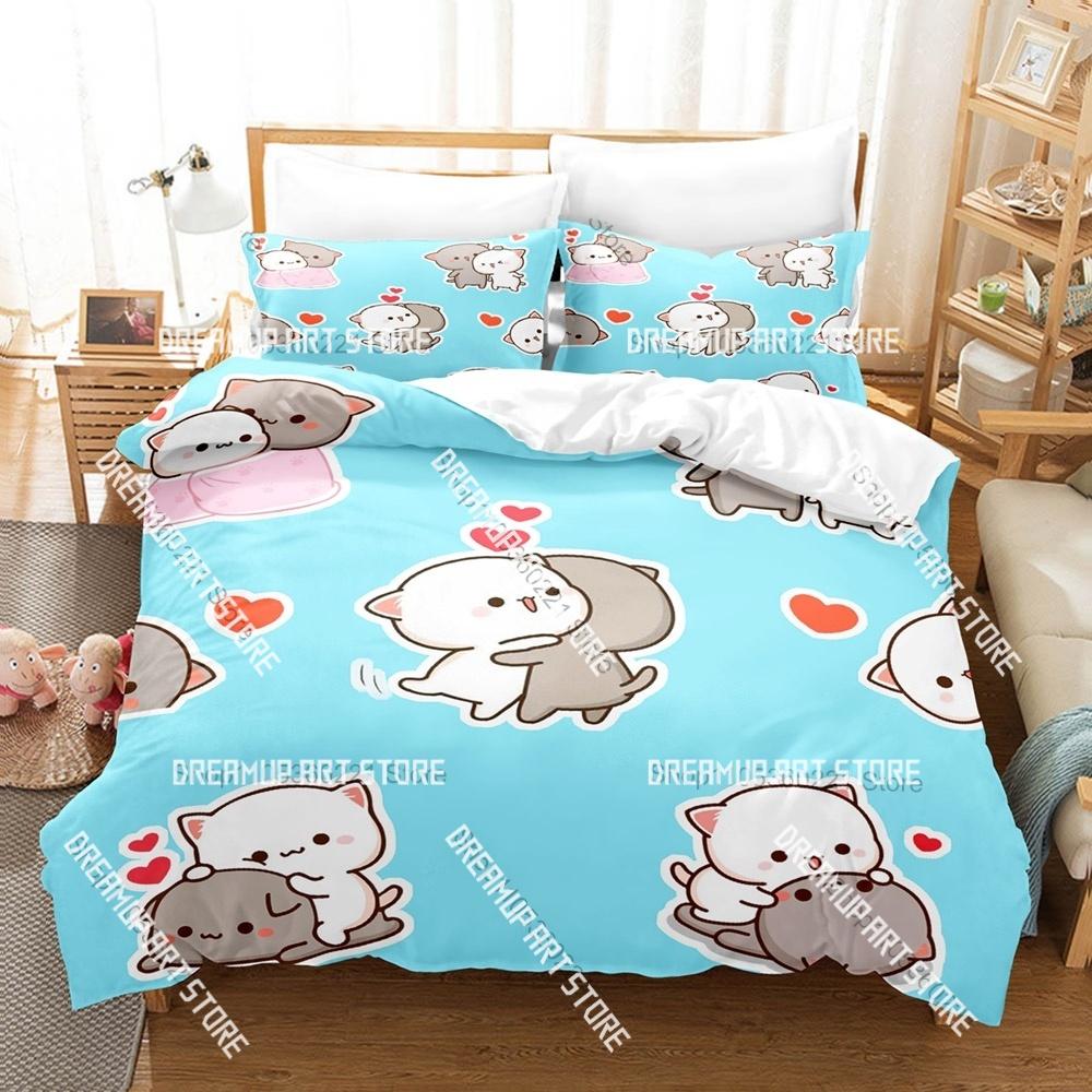 Fashion Adorable Peach And Goma Cat Bedding Set Single Twin Full Queen King Size Bed Set Kids Bedroom Duvetcover Sets Bed