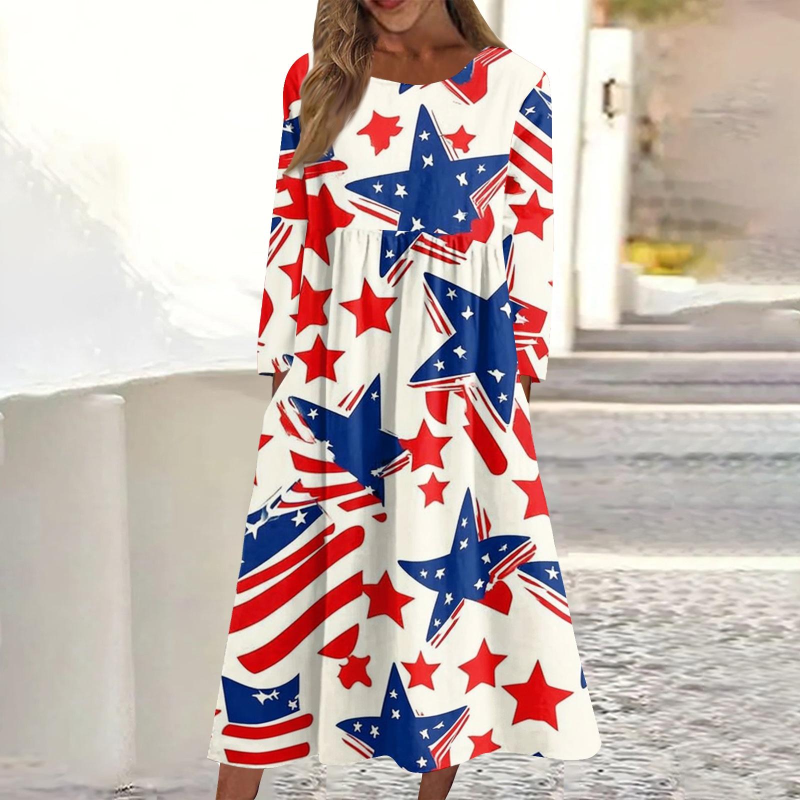 

Women s Casual Crewneck Independence Day Festival Printed Midi Dress Long Sleeve Pocket Dress L тёмно-синий