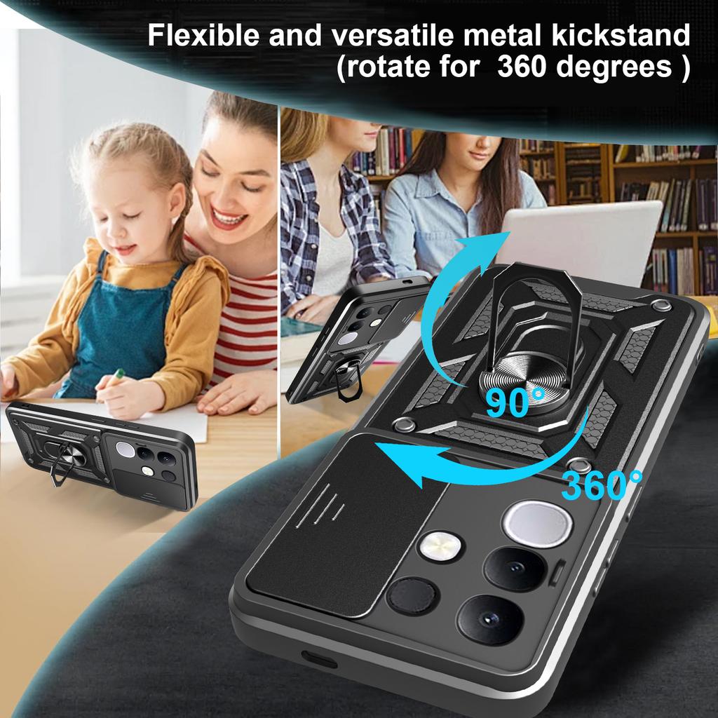 For Vivo Y29 4G Case with Slide Camera Lid PC+TPU Kickstand Phone Cover