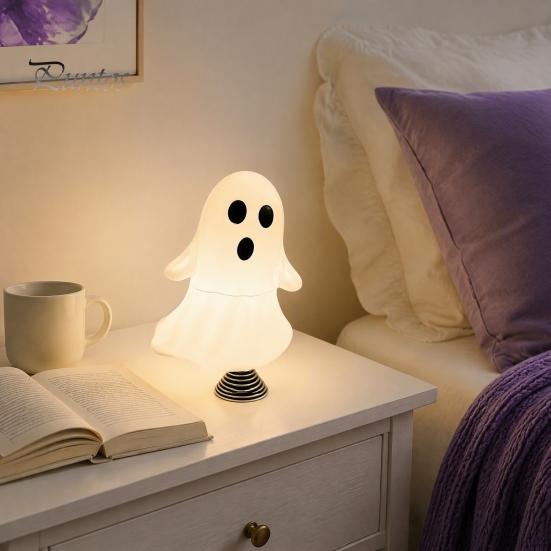 Cute Room Decor Ghost Night Light with Spring Base, USB Powered Mini Spooky Halloween Funny Bedroom Tree Topper LED for Party, Office Desk, Home