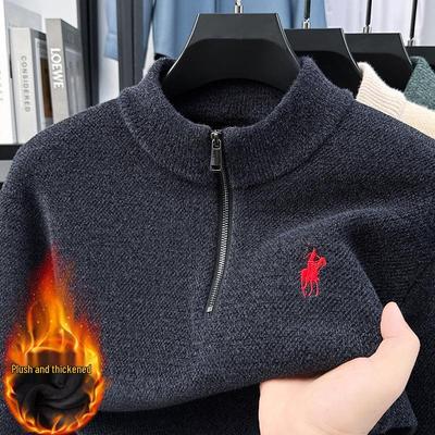 Men's Trendy Fleece Zipper Sweater - Loose, Warm, Plus Velvet, Half-High Collar Knitwear for Winter