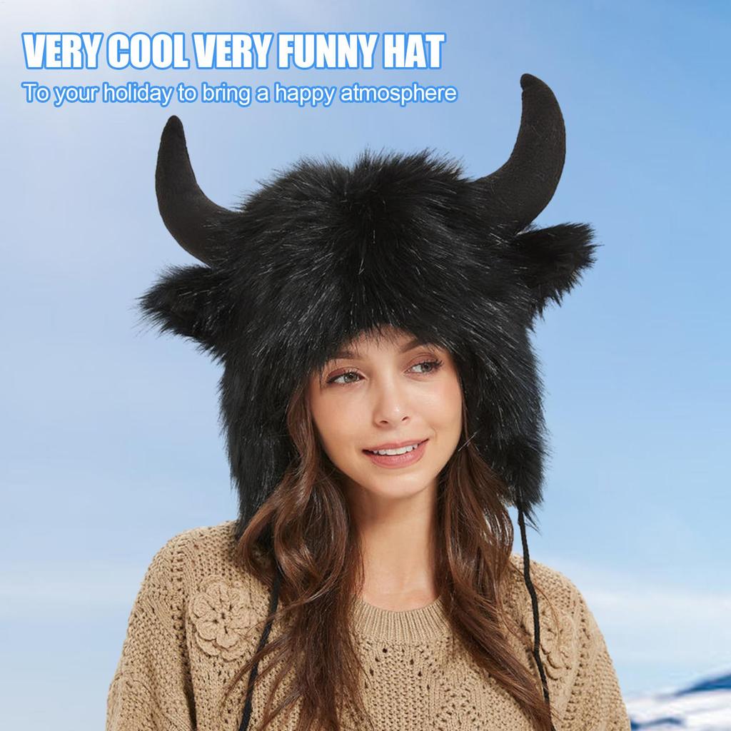 Bison Hat with Horns Plush Earflap Hat with Horns Fluffy Ear Headwear for Halloween Gift for Men and Women for Animal Cosplay