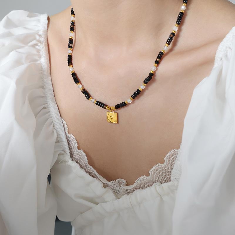 Black Agate & Tiger Eye Beaded Necklace with Heart-shaped Pendant