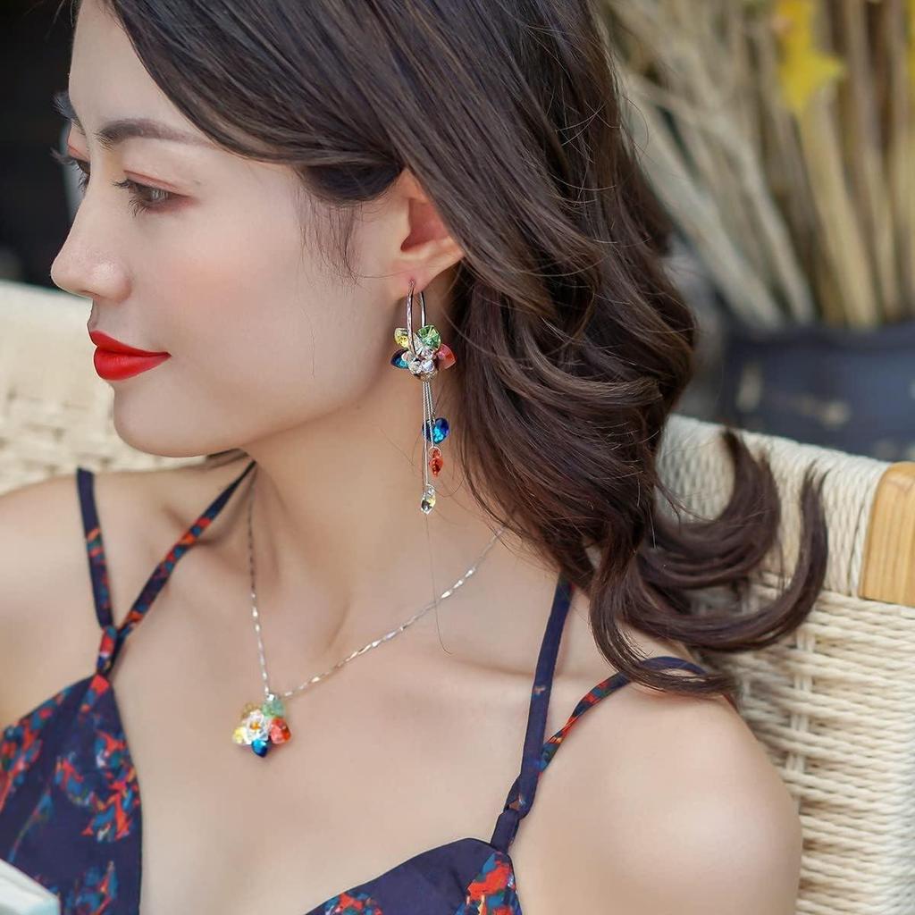 925 Sterling Silber handgefertigte Creolen, AuraSelene, schillernder Blumenstil mit bunten Kristallen, lange Quasten, Boho-Baumwoll-Ohrhänger