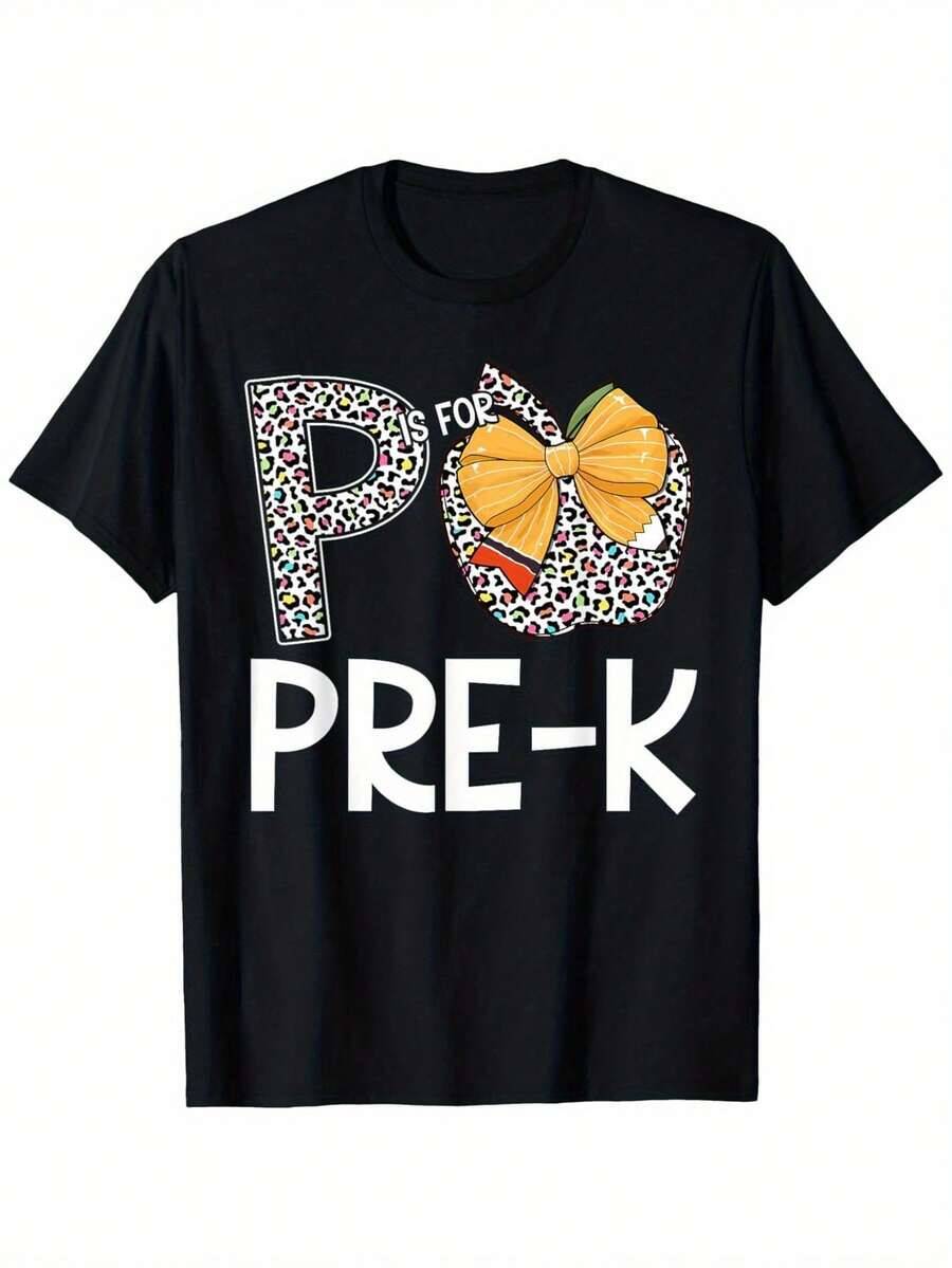 P Is PreK Teacher Leopard Round Neck Cotton Black For Short Sleeve TShirt Shirts Unisex Unisex TShirts Round Neck Cute Funny Comfortable Unisex S