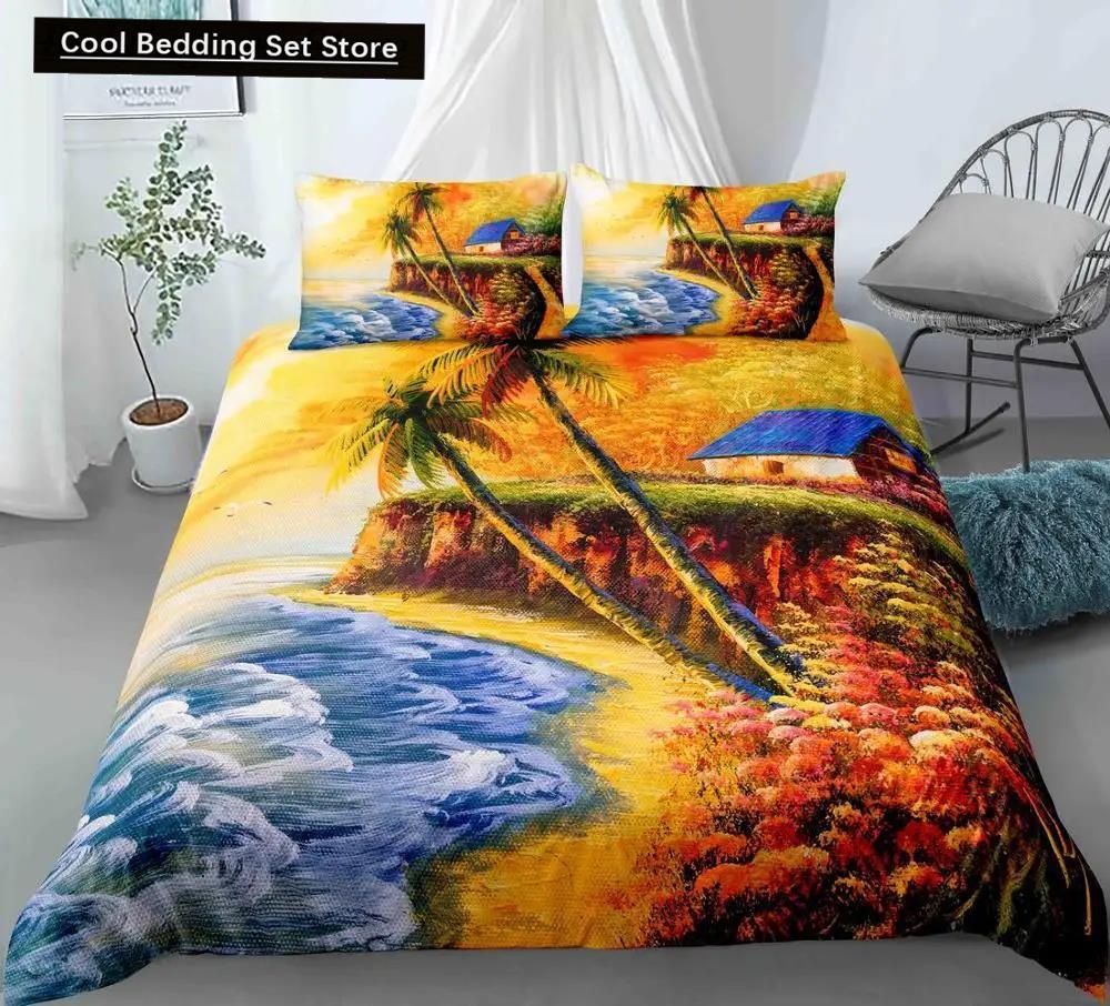 Comforter Oil Painting Landscape King Queen Natural Scenery Bedding Set Teen Adult Floral Ocean Building Polyester