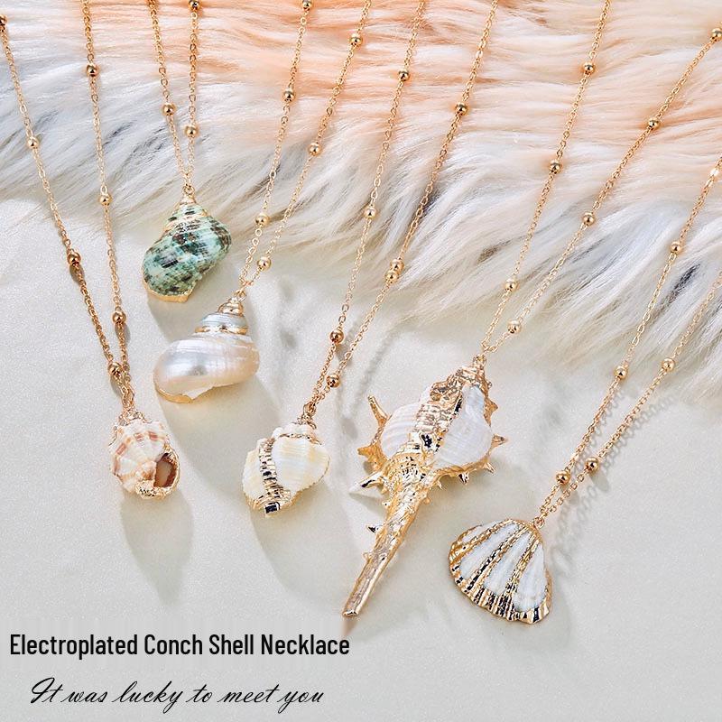 Gold-Edged Seashell Conch Pendant Necklace - Natural Beach Vintage Women's Jewelry