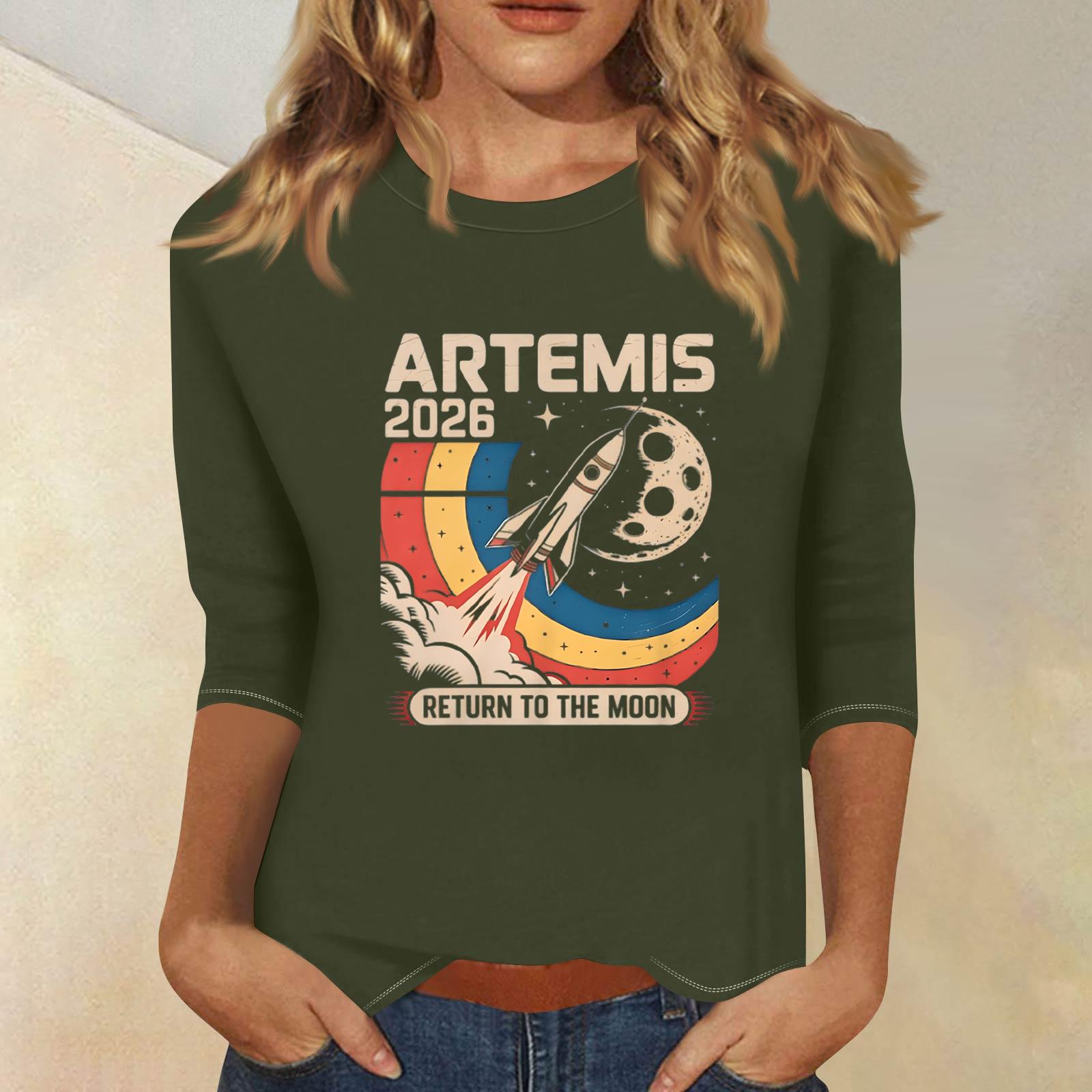 

Women s Fashionable Casual Three-Quarter Sleeve Printed Neck T-Shirt Top L армия зеленый
