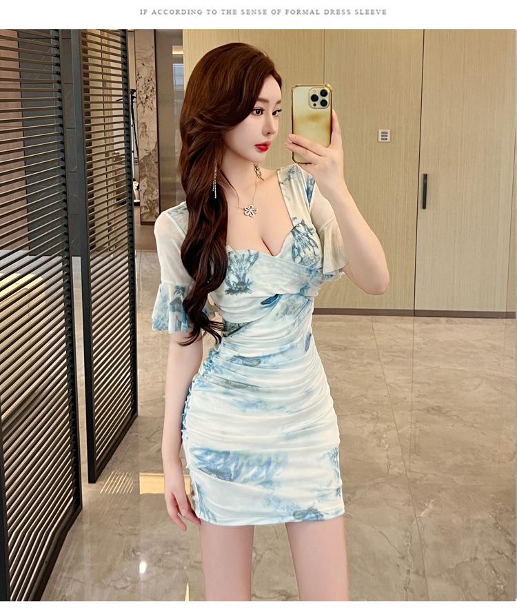 

Printed skirt autumn dress new new product temperament new product slim and thin pleated suspender short hip dress XL