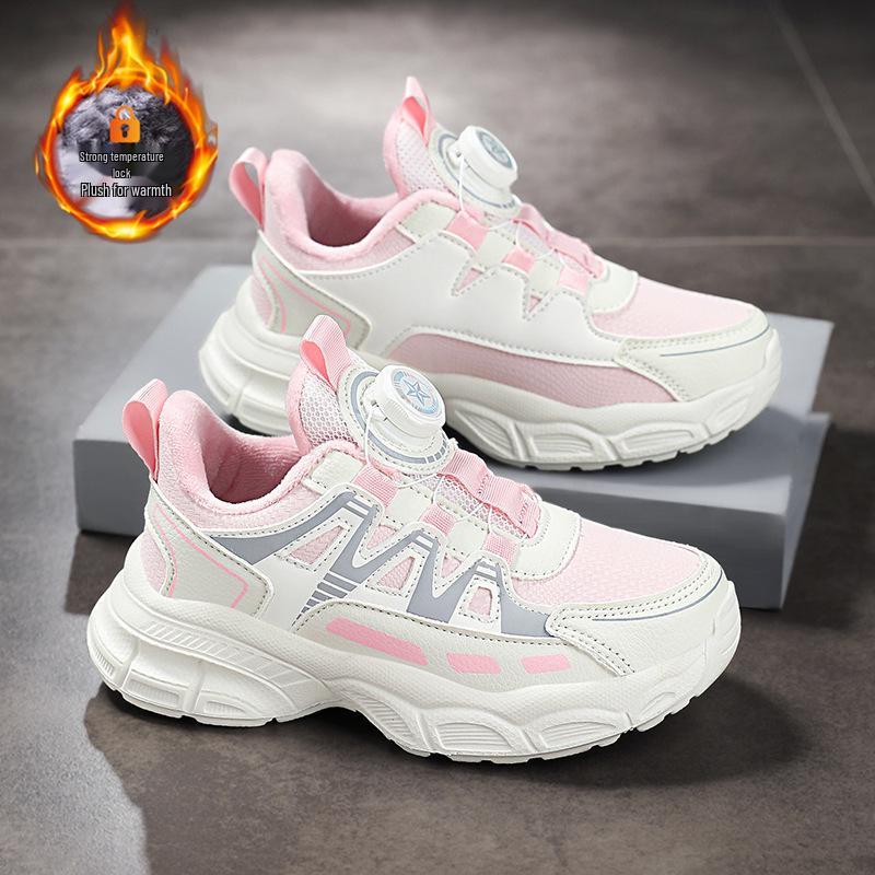 Girls' Velvet-Lined Running Shoes, Autumn/Winter 2025: Warm, Cotton Dad Shoes for Middle & Big Kids