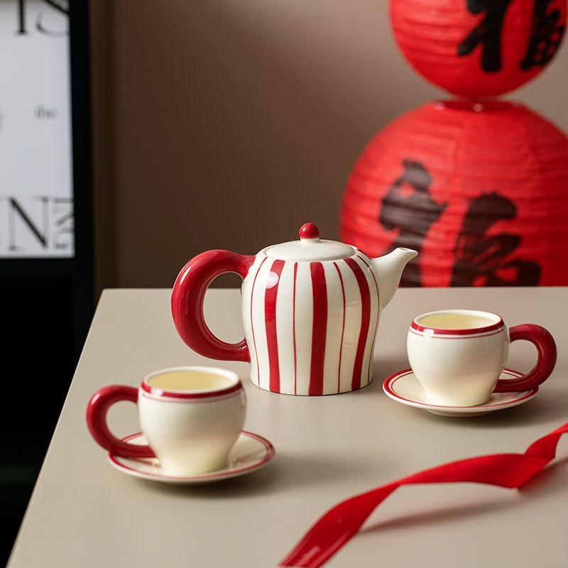 Striped Ceramic Water Cup & Teapot Set for Living Room and Afternoon Tea
