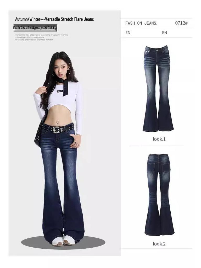 Nostalgiczne Niebieskie Damskie Jeansy Micro Flare z Niskim Stanem i Przetarciami - Letni Styl Retro