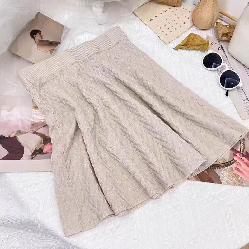 Knitted Midi Skirt for Women Autumn and Winter High Waist Short A-line Pleated Skirt Short Skirt