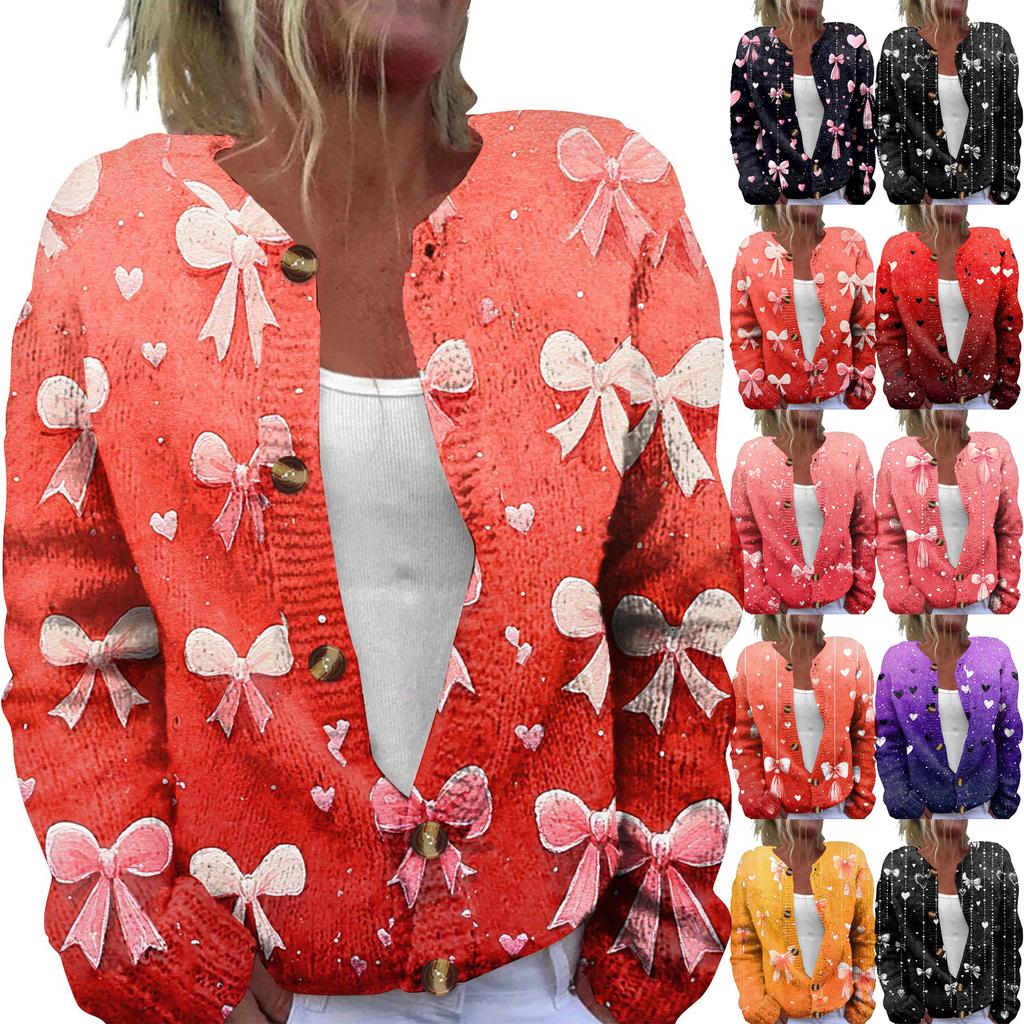 Women's Fashion Printed Long Sleeve Knitted Cardigan Button Down Jacket