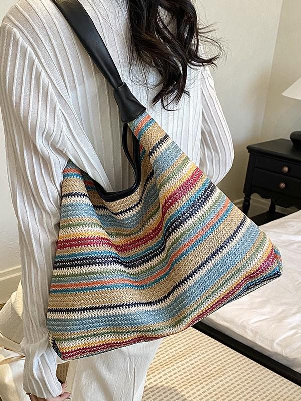 Striped Straw Woven Tote: Women's Large Capacity Shoulder Bag for Beach Vacation 2025 Fashion.