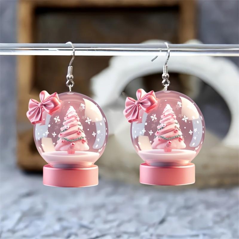 Christmas Snowball Cake Tree Acrylic Earrings with Pink Bow