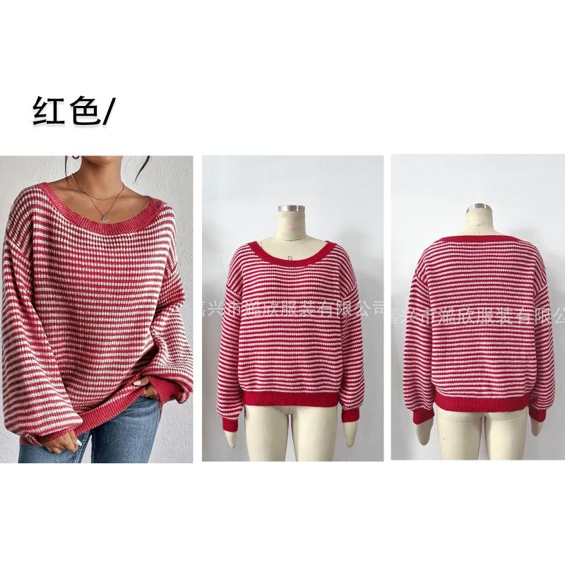 Women S Loose Fit One Shoulder Neck Striped Long Sleeve Pullover Knit Sweater