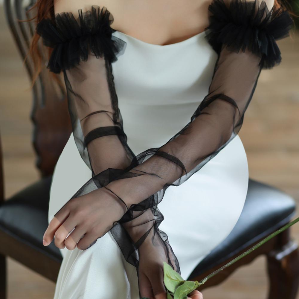 Solid Color Wedding Long Sleeves Yarn Pleated Lace Arm Covers Holy Bridal Arm Sleeves Festival