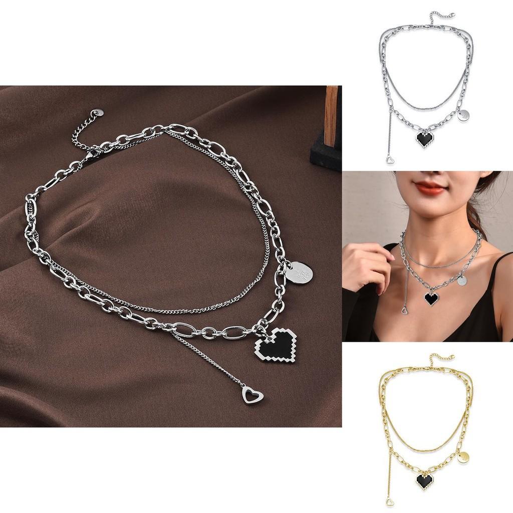 Elegant Titanium Steel Heart Necklace For Women With Double Layer Mosaic Design