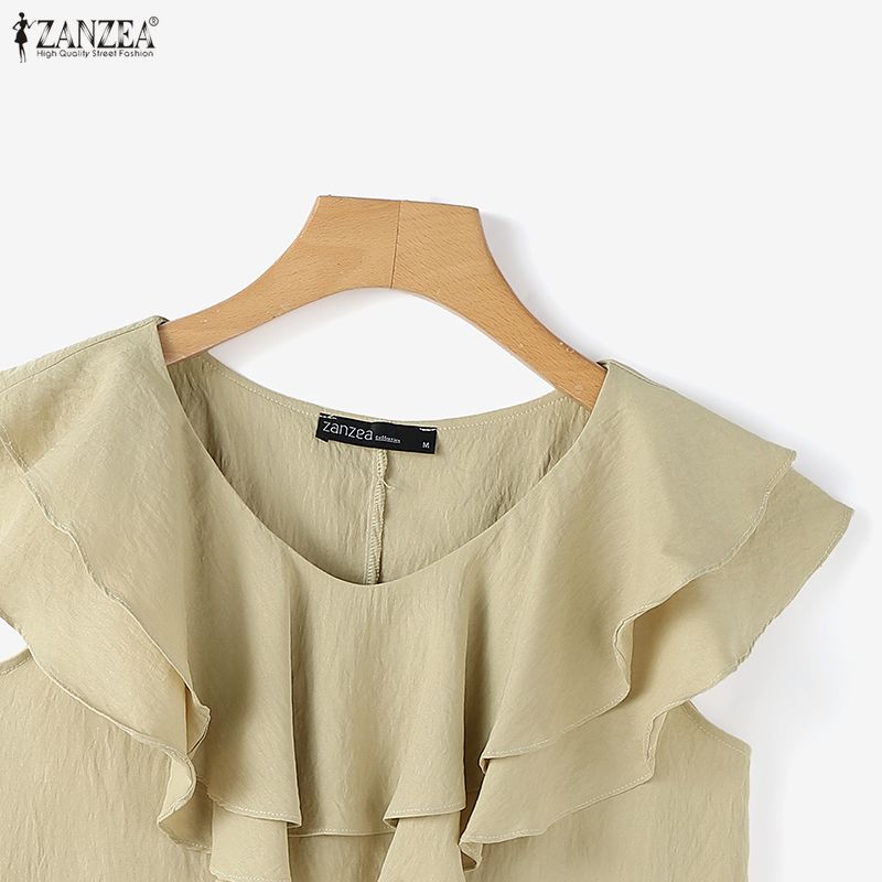 ZANZEA Women Ruffles Round Neck Loose Casual Sleeveless Blouse