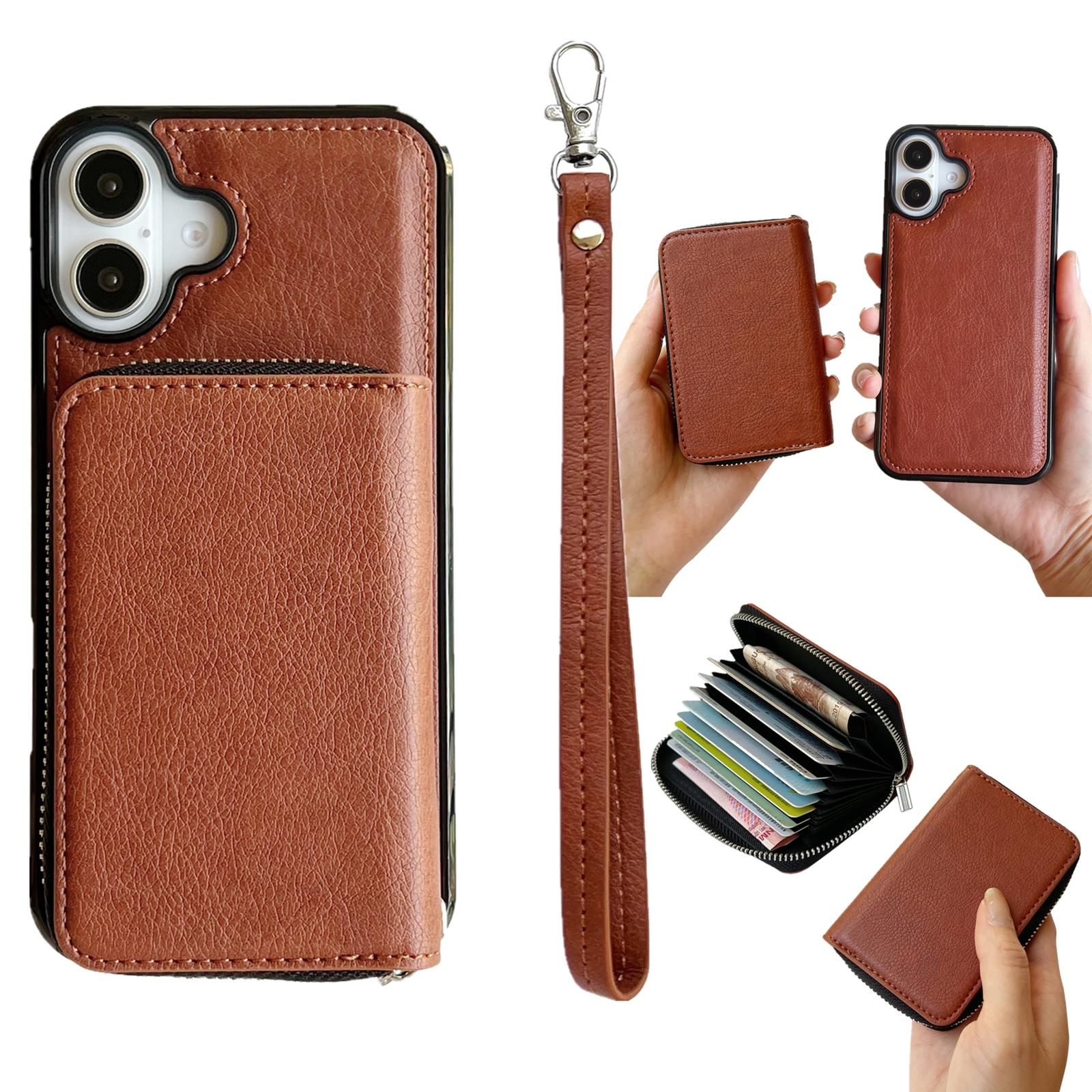 For iPhone 16 Plus Case Detachable Zipper Card Bag PU+TPU Kickstand Phone Case with Strap E