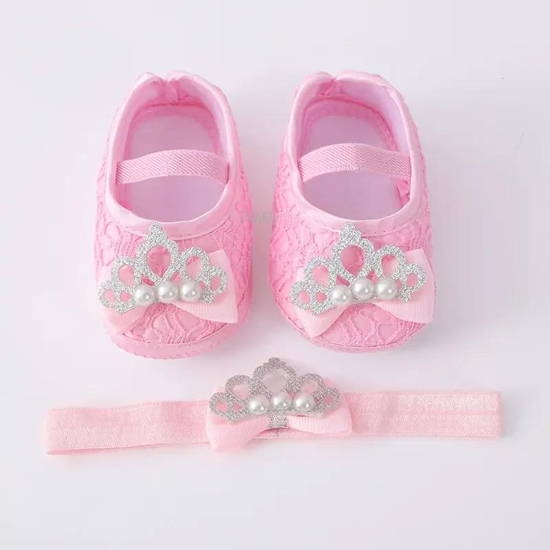 Spring Infant Baby Girl Shoes Newborn Lace Flowers Headband Anti-Slip Soft Sole First Walkers Toddler Kids Cotton Baptism Shoes