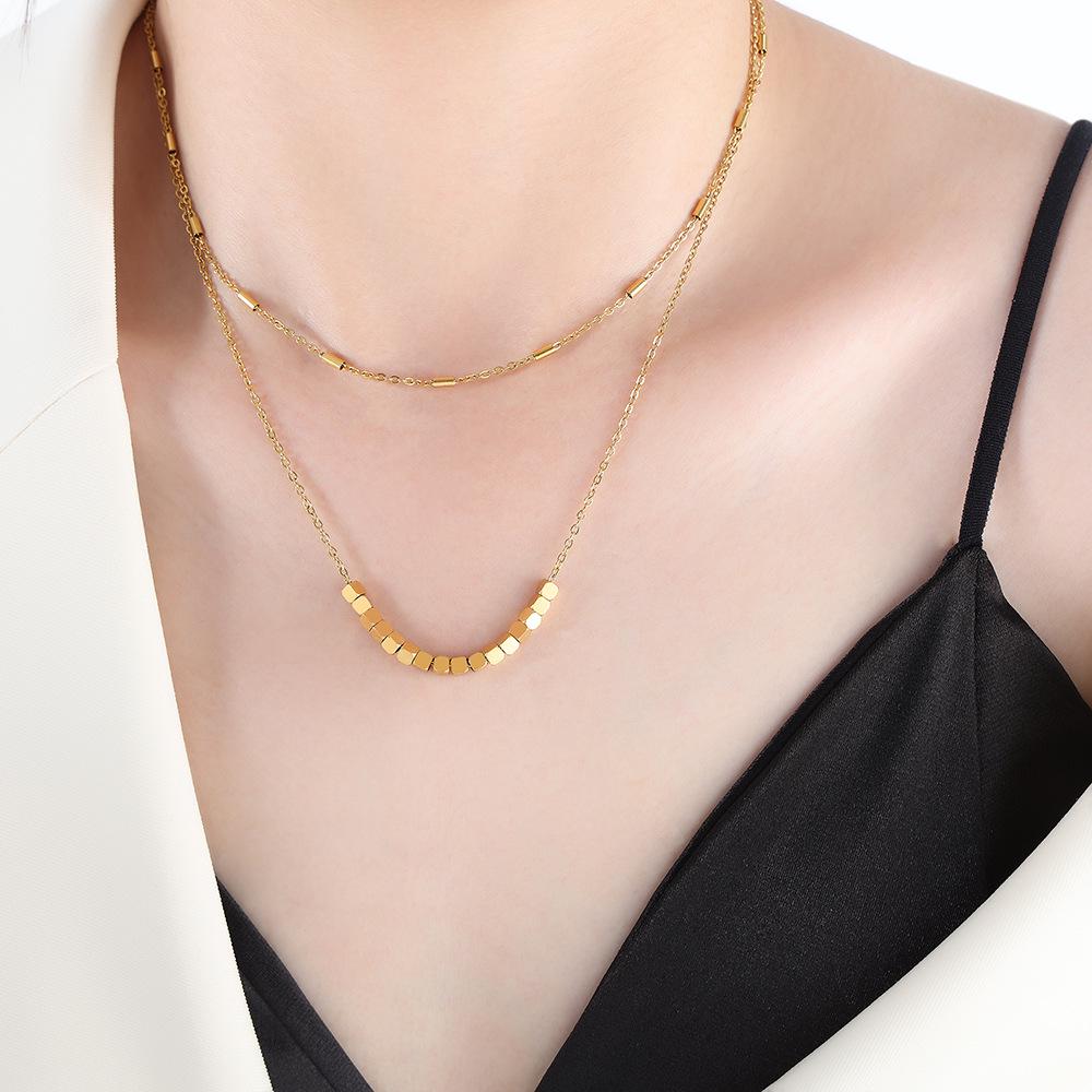 Titanium Steel Double Layer Square Bead Necklace - Non-Fading, Versatile Light Luxury Women's Sweater and Clavicle Chain.