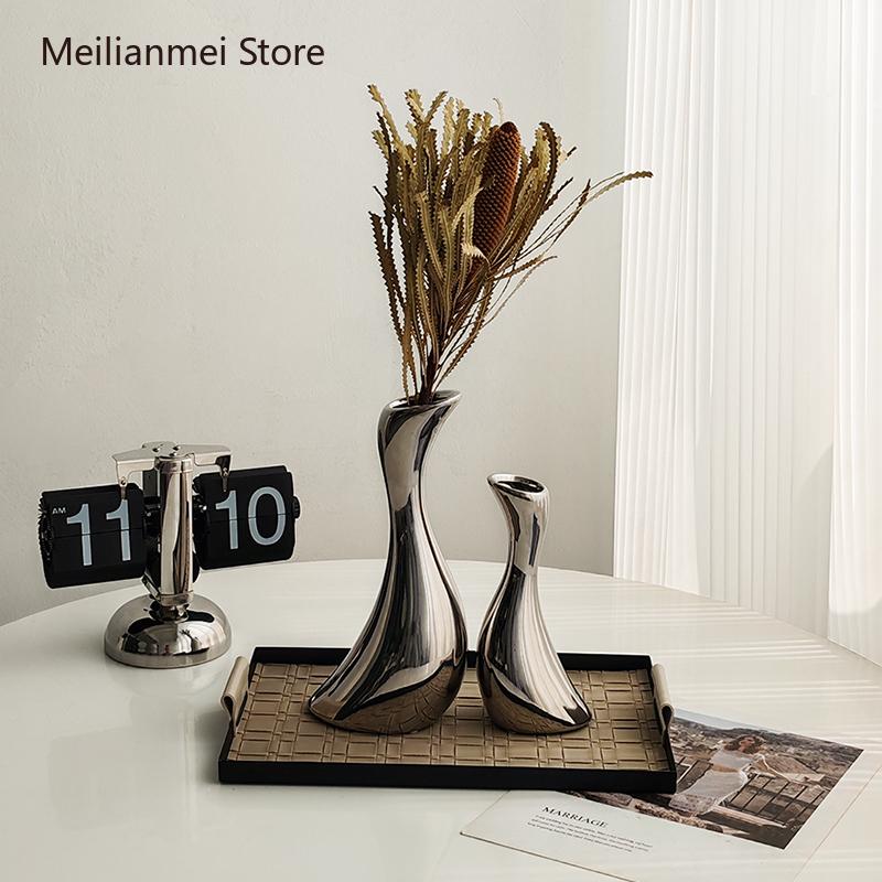 Silver Ceramic Vase Home Garden Home Decor Vases Living Room Desktop Decoration Electroplated Silver Flowers Nordic Ceramic Vase