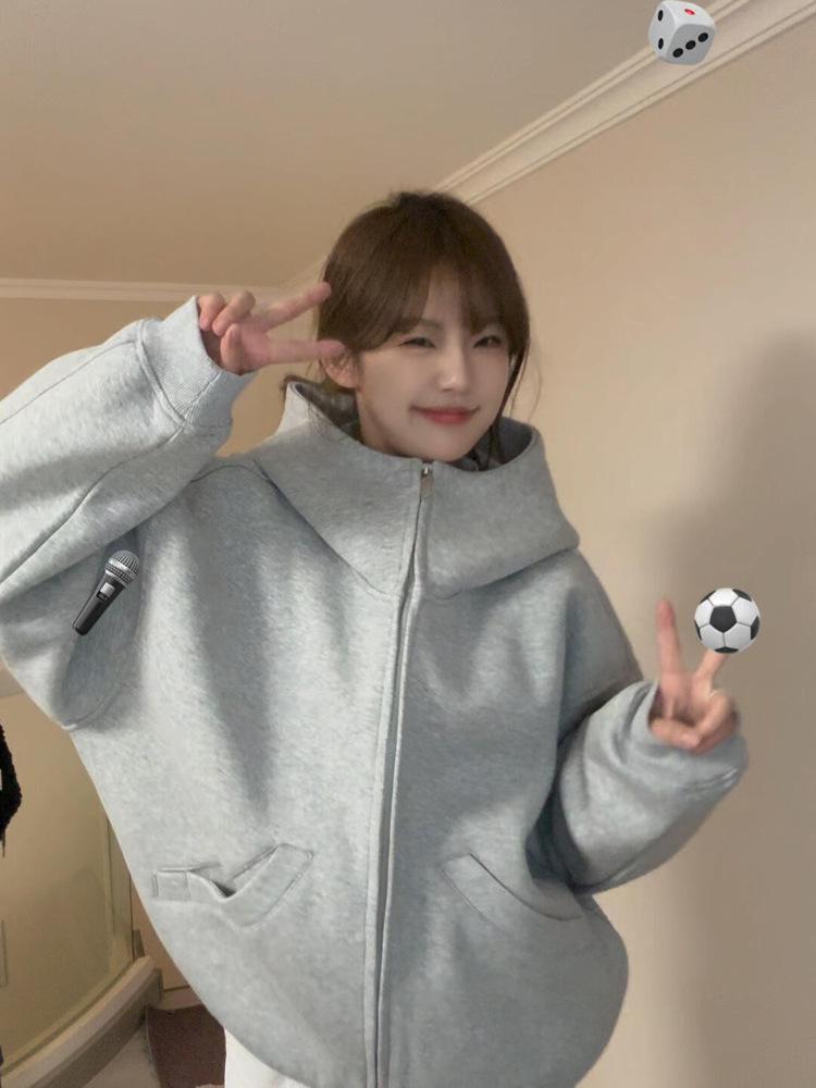 Women's Gray Oversized Hooded Sweatshirt Jacket - Autumn 2025