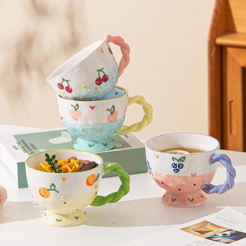 Hand-Painted Relief Ceramic Water Cup Home Breakfast Cup Cute Mug Coffee Cup Creative Oat Cup Milk Cup