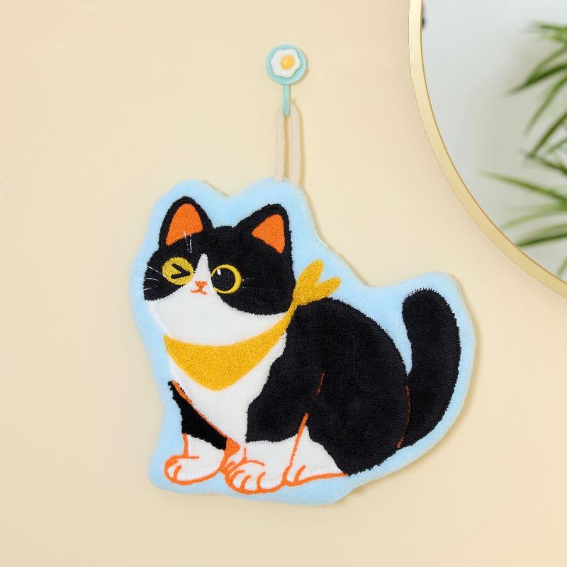 Kreslený korálový sametový ručník do kuchyně Kawaii kočka Utěrka na ruce Čisticí hadřík Koupelnový závěsný ručník Absorpční čistý hadr