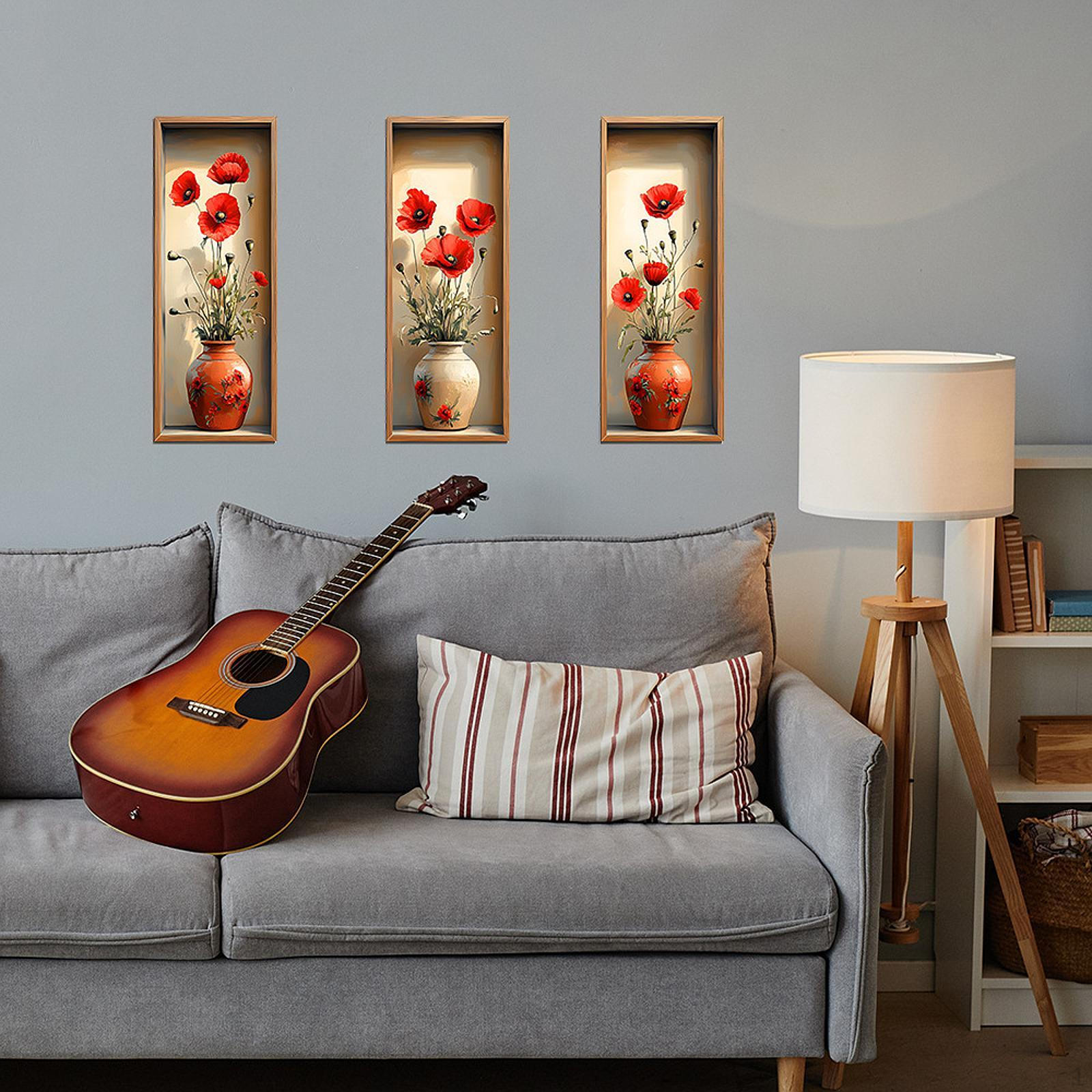 

3x Floral Vase Wall Decals, Creative Peel and Sticky Large Art Stickers 3D for