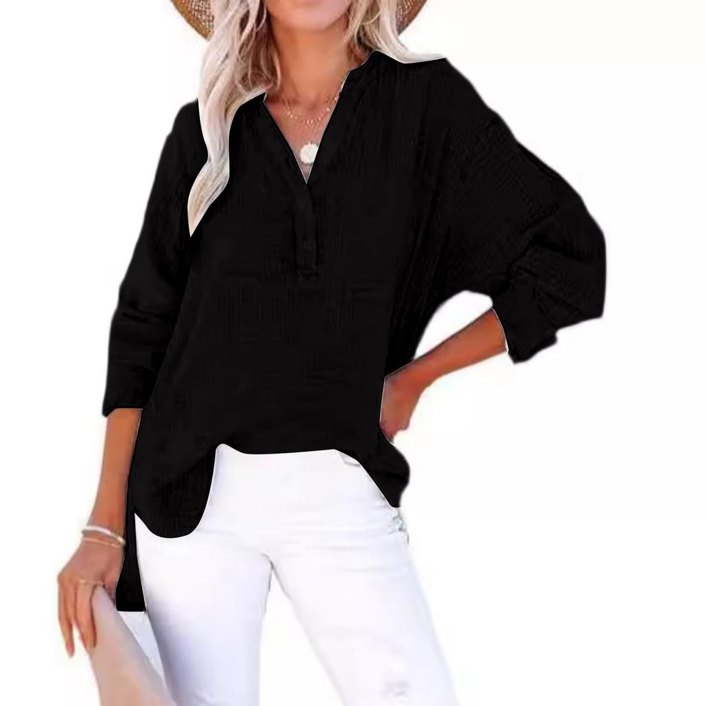Fashion Women's Pleated Button Long Sleeve Solid Color Tops Women's Shirt Pullover