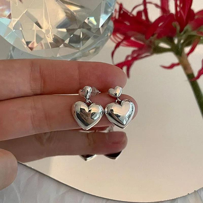 1 Pair Silver Color Stud Earrings Big Small Love Heart Shape Women Trendy Vintage Elegant Sweet Dual-Heart Pendant Jewelry