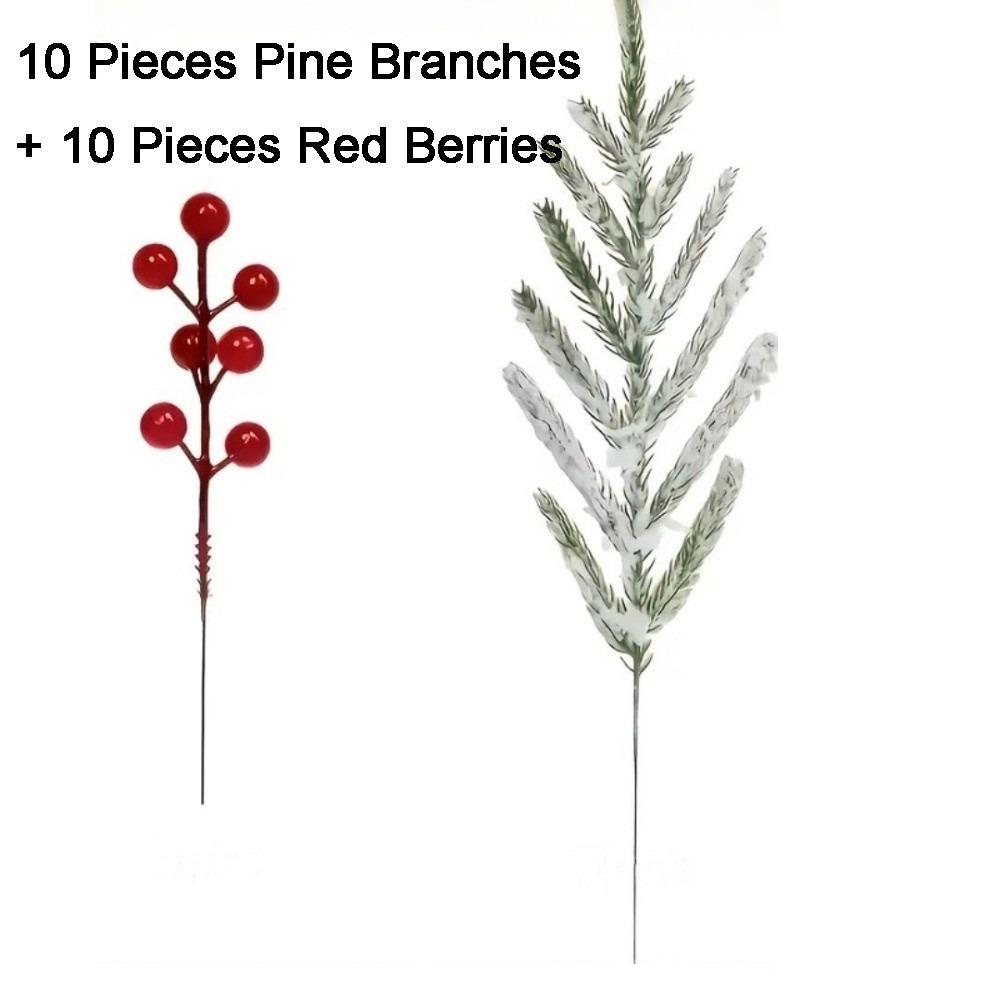 20PCS Plastic Christmas Pine Branches Realistic Decorative Artificial Pine Branches with Red Berries Snow-Capped