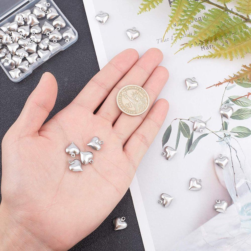 304 Stainless Steel Charms Puffed Heart Stainless Steel Color 13x11.5x4.5mm Hole: 1.2mm 100pcs/box
