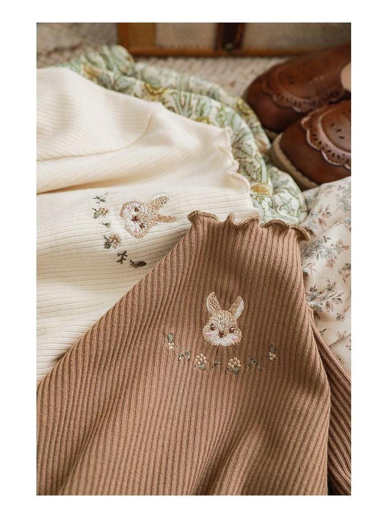 Girls' Cute Rabbit Embroidered Long-Sleeve T-Shirt - Versatile Base Layer for Spring/Autumn