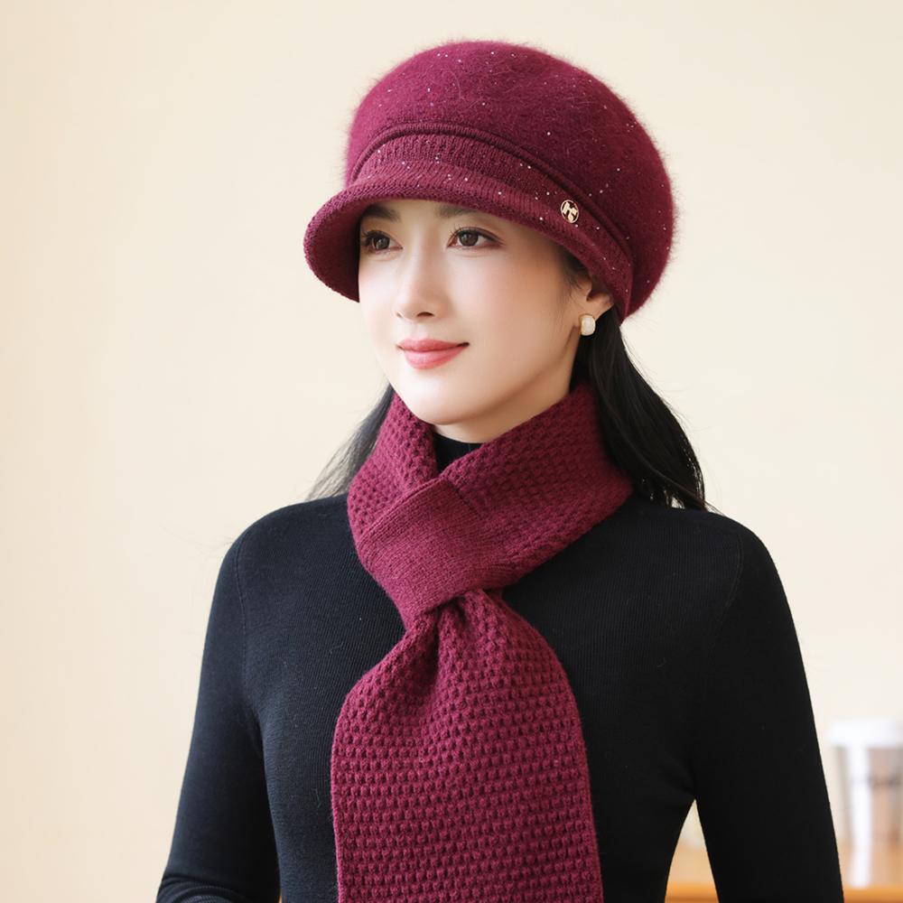 New Women Fashion Winter Warm Set K Letter Plush Fur Lined Warm Hats For Women Casual Rabbit Fur Blend Outdoor Dandy Knitted Cap