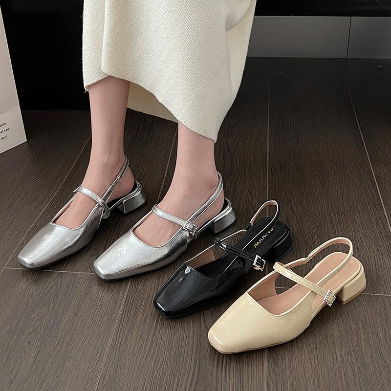 French design square head thick heel Mary Jane shoes 2025 new one-word buckle temperament commuter light mouth sandals